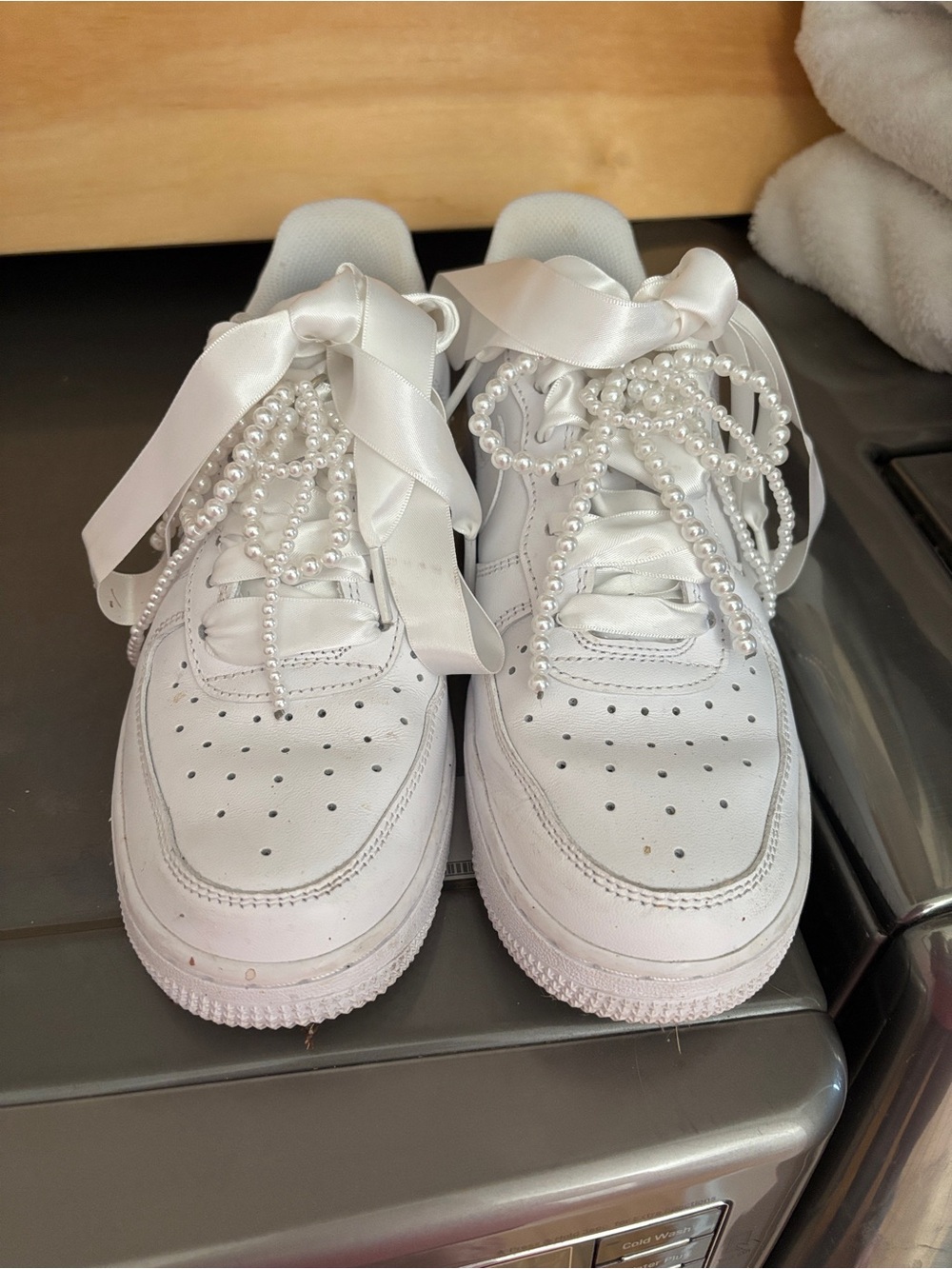 White Nike Air Force 1 Pearl-Embellished Women's Sneakers with ribbon laces